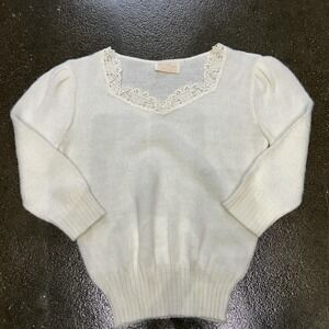 White Lace Trim Sweater Womens XS Puff Sleeve Knit V Neck 3/4 Sleeve Pullover